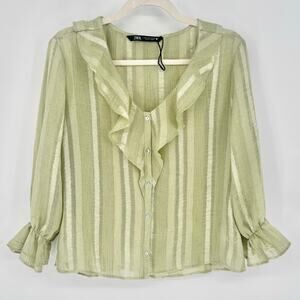 Zara Green Striped Ruffle Collar Button-Up Blouse Size S